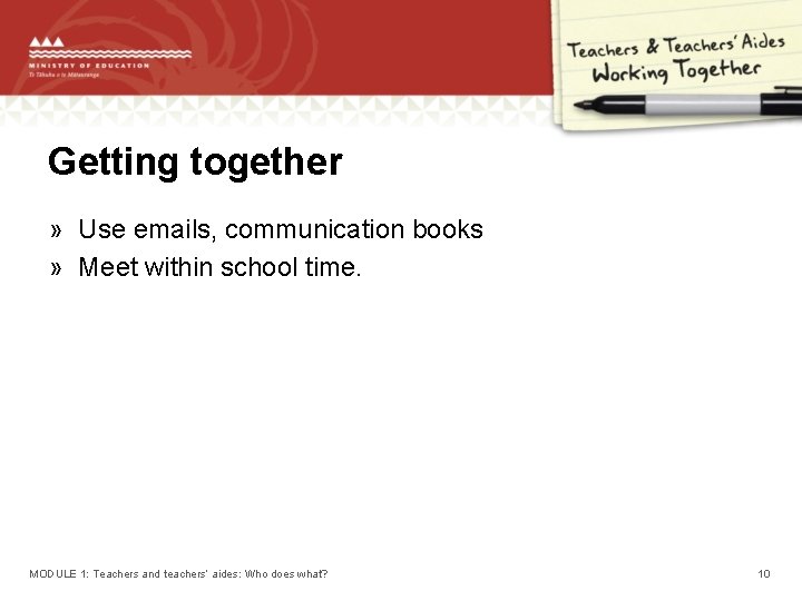 Getting together » Use emails, communication books » Meet within school time. MODULE 1: