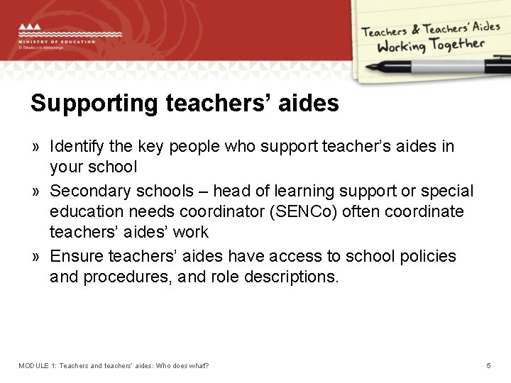 Supporting teachers’ aides » Identify the key people who support teacher’s aides in your