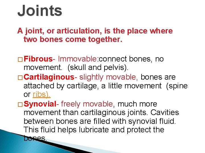 Joints A joint, or articulation, is the place where two bones come together. � Joints A joint, or articulation, is the place where two bones come together. �
