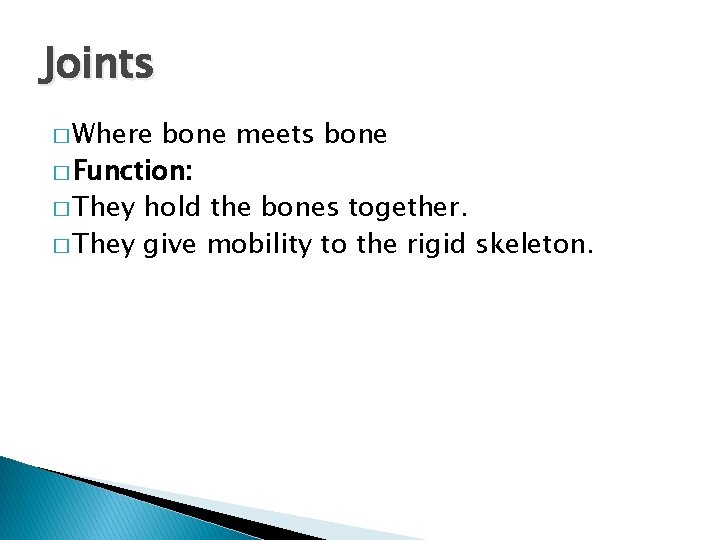 Joints � Where bone meets bone � Function: � They hold the bones together. Joints � Where bone meets bone � Function: � They hold the bones together.
