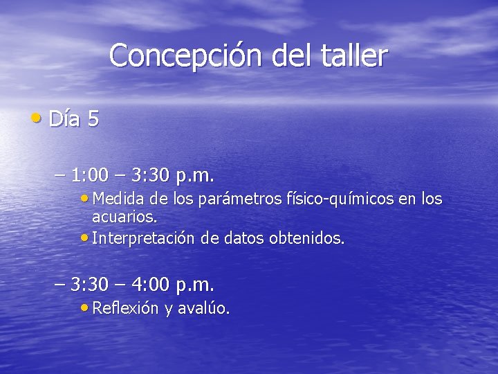 Concepción del taller • Día 5 – 1: 00 – 3: 30 p. m.