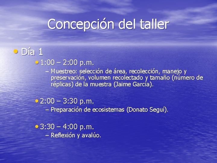 Concepción del taller • Día 1 • 1: 00 – 2: 00 p. m.