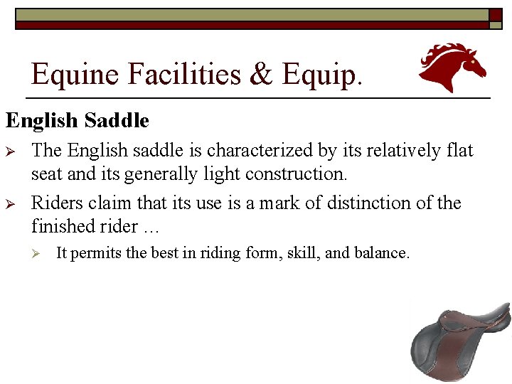Equine Facilities & Equip. English Saddle Ø Ø The English saddle is characterized by