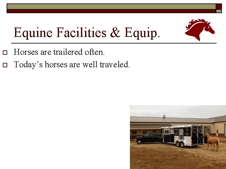 Equine Facilities & Equip. o o Horses are trailered often. Today’s horses are well