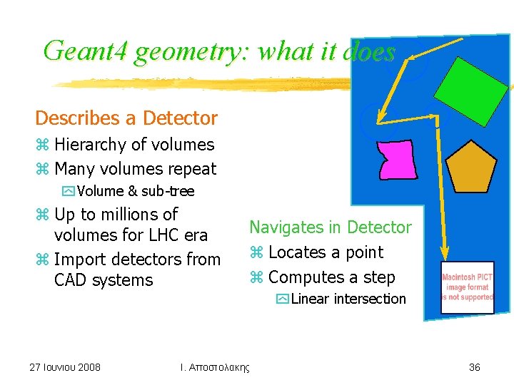 Geant 4 geometry: what it does Describes a Detector z Hierarchy of volumes z