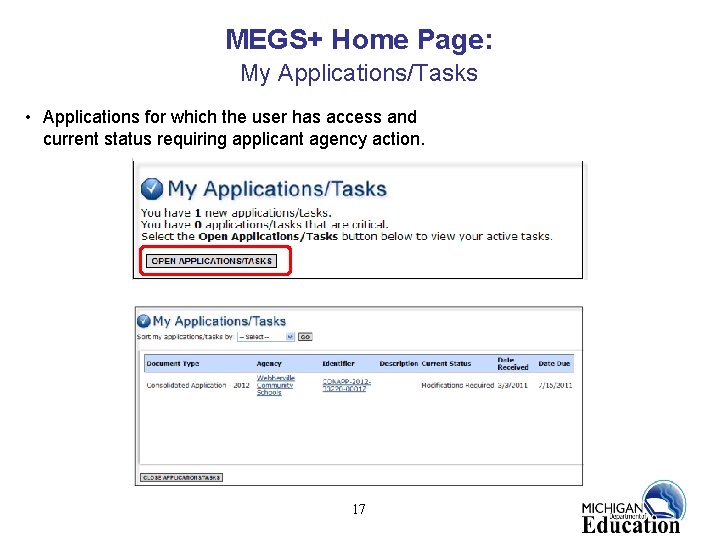 MEGS+ Home Page: My Applications/Tasks • Applications for which the user has access and