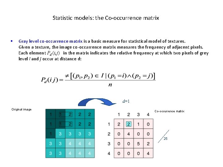 Statistic models: the Co-occurrence matrix • Gray level co-occurrence matrix is a basic measure