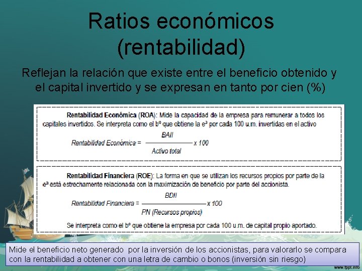 Ratios económicos (rentabilidad) Reflejan la relación que existe entre el beneficio obtenido y el