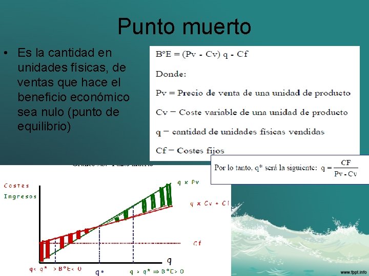 Punto muerto • Es la cantidad en unidades físicas, de ventas que hace el