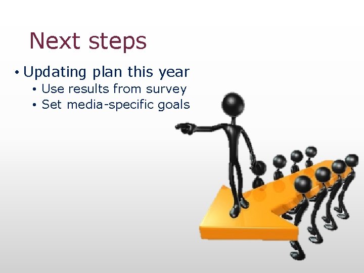 Next steps • Updating plan this year • Use results from survey • Set