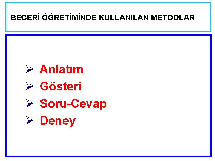 BECERİ ÖĞRETİMİNDE KULLANILAN METODLAR Ø Ø Anlatım Gösteri Soru-Cevap Deney 