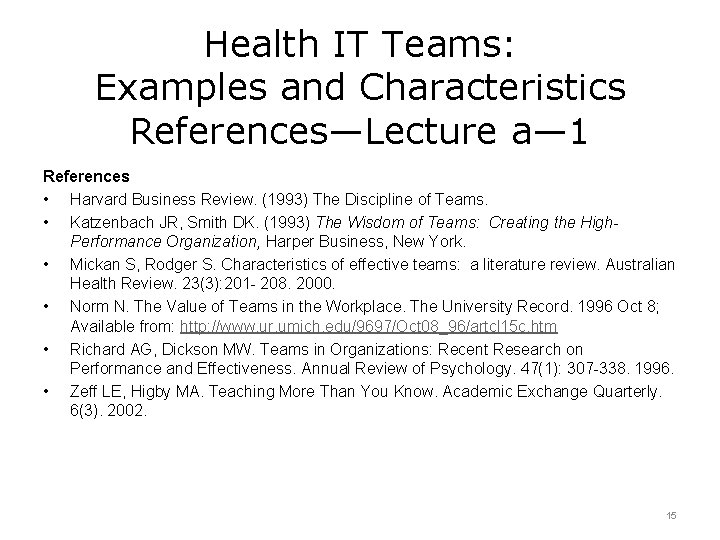 Health IT Teams: Examples and Characteristics References—Lecture a— 1 References • Harvard Business Review.
