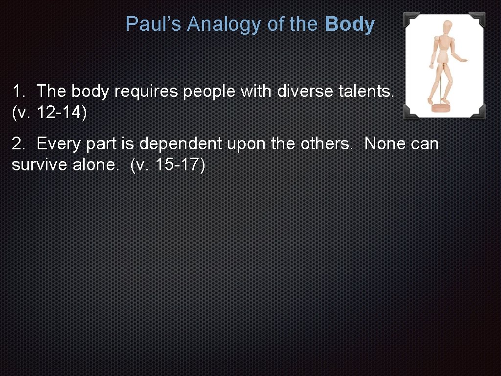 Paul’s Analogy of the Body 1. The body requires people with diverse talents. (v.