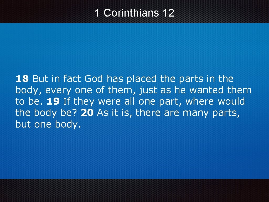 1 Corinthians 12 18 But in fact God has placed the parts in the