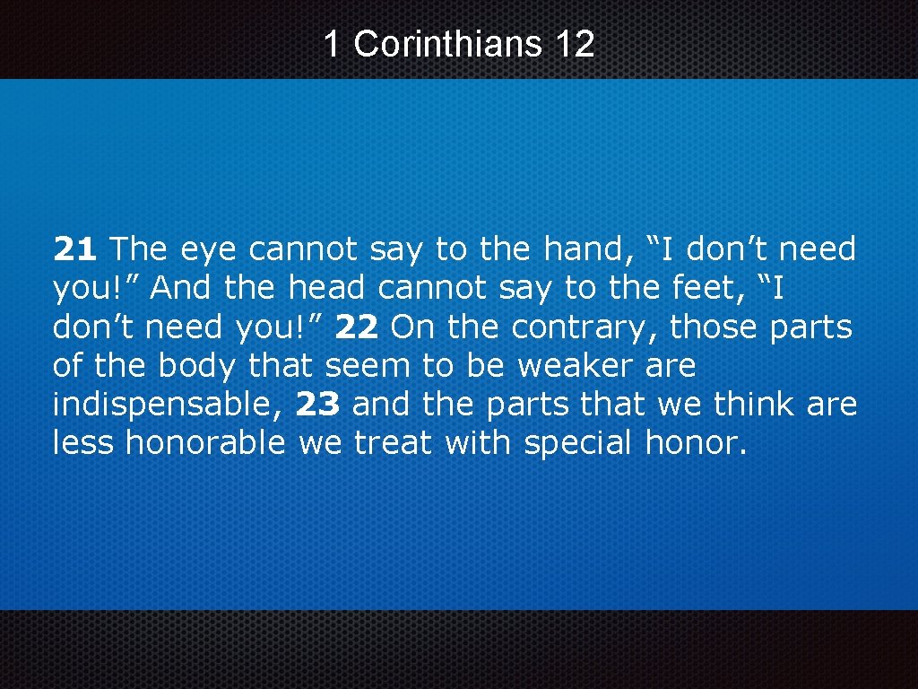 1 Corinthians 12 21 The eye cannot say to the hand, “I don’t need