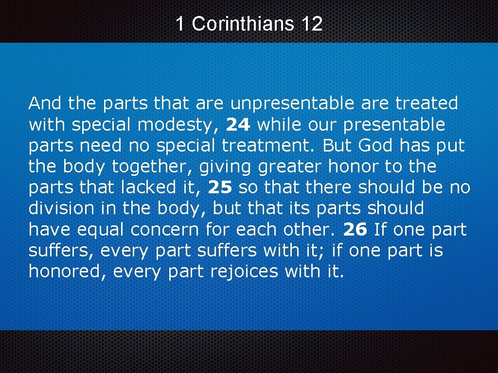 1 Corinthians 12 And the parts that are unpresentable are treated with special modesty, 1 Corinthians 12 And the parts that are unpresentable are treated with special modesty,
