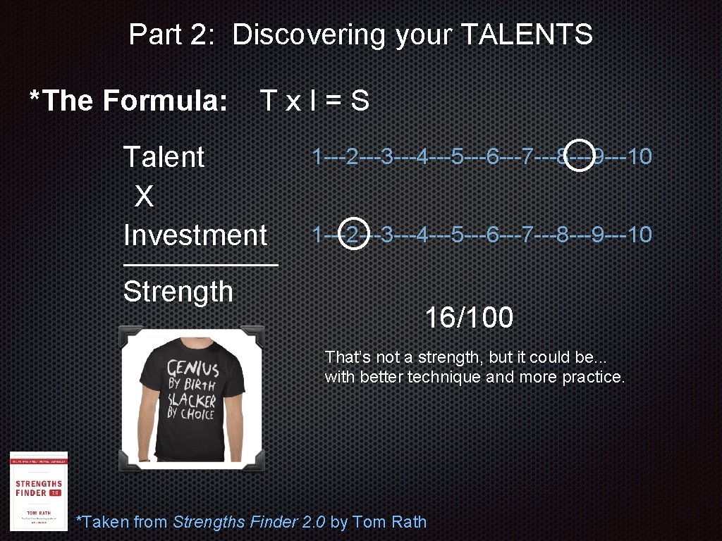 Part 2: Discovering your TALENTS *The Formula: Tx. I=S Talent X Investment Strength 1