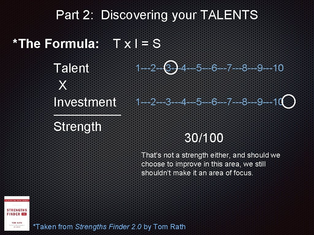 Part 2: Discovering your TALENTS *The Formula: Tx. I=S Talent X Investment Strength 1