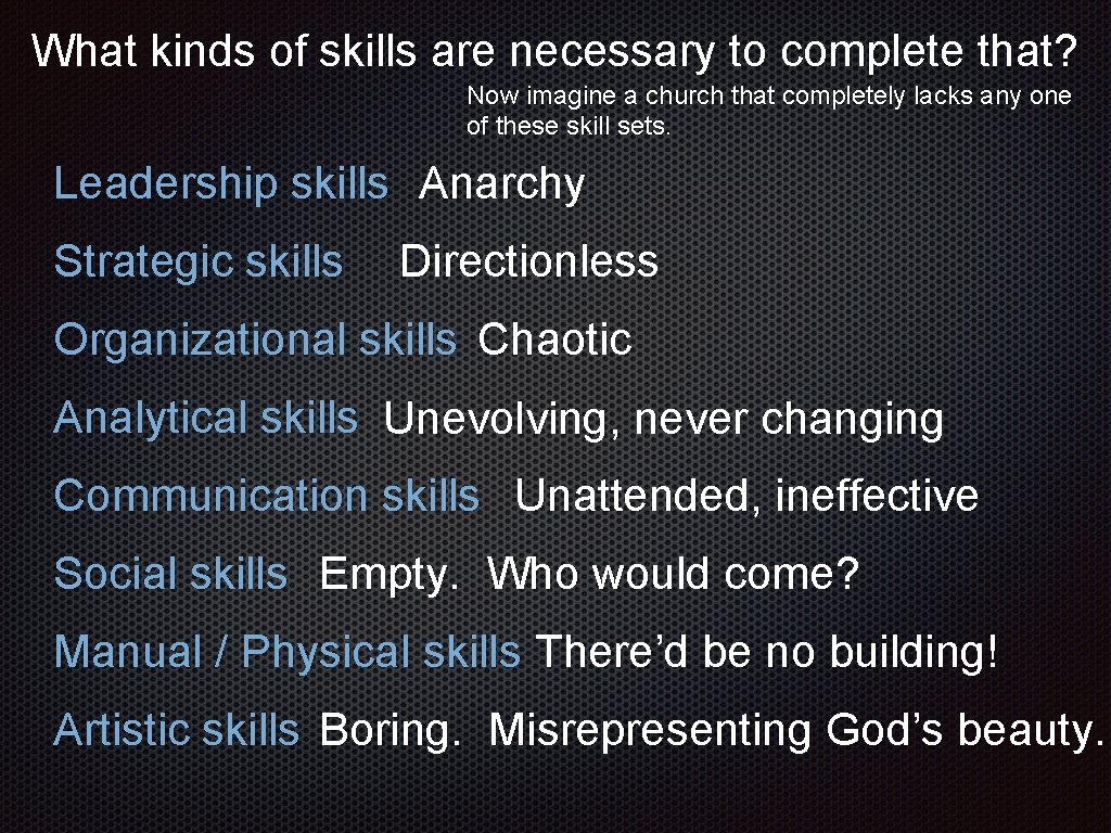 What kinds of skills are necessary to complete that? Now imagine a church that