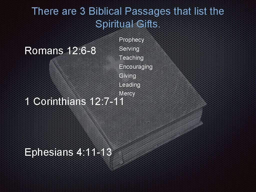There are 3 Biblical Passages that list the Spiritual Gifts. Romans 12: 6 -8 There are 3 Biblical Passages that list the Spiritual Gifts. Romans 12: 6 -8