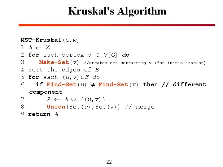 Kruskal's Algorithm MST-Kruskal(G, w) 1 A ¬ Æ 2 for each vertex v Î Kruskal's Algorithm MST-Kruskal(G, w) 1 A ¬ Æ 2 for each vertex v Î