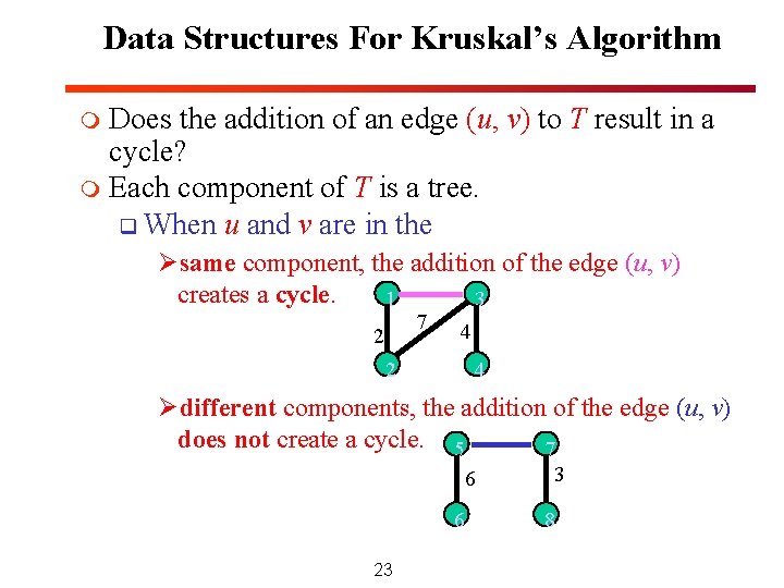 Data Structures For Kruskal’s Algorithm Does the addition of an edge (u, v) to Data Structures For Kruskal’s Algorithm Does the addition of an edge (u, v) to