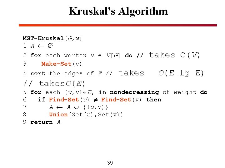 Kruskal's Algorithm MST-Kruskal(G, w) 1 A ¬ Æ 2 for each vertex v Î Kruskal's Algorithm MST-Kruskal(G, w) 1 A ¬ Æ 2 for each vertex v Î
