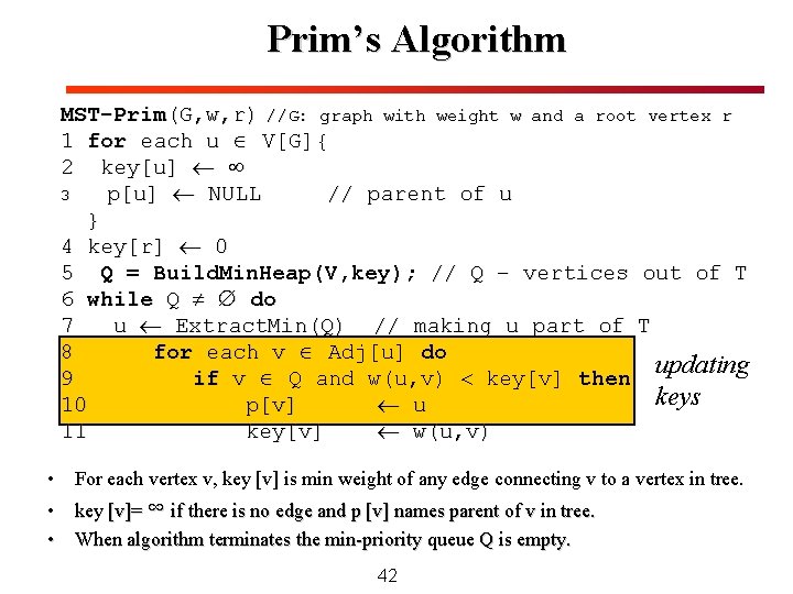 Prim’s Algorithm MST-Prim(G, w, r) //G: graph with weight w and a root vertex Prim’s Algorithm MST-Prim(G, w, r) //G: graph with weight w and a root vertex