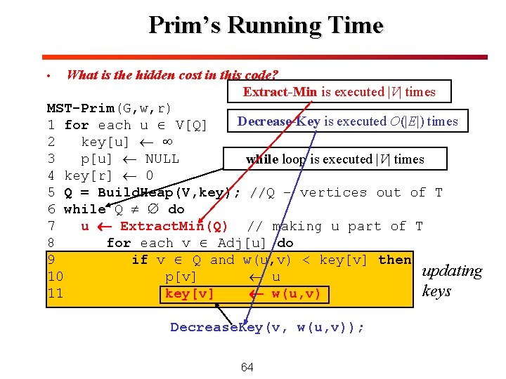 Prim’s Running Time What is the hidden cost in this code? Extract-Min is executed Prim’s Running Time What is the hidden cost in this code? Extract-Min is executed