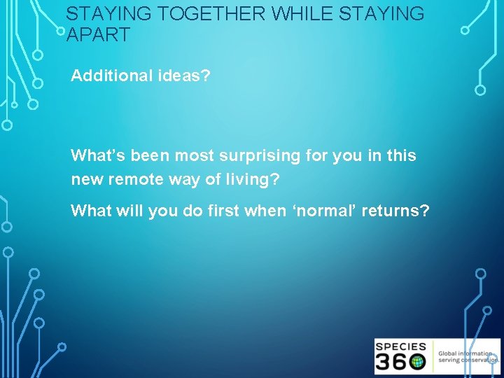 STAYING TOGETHER WHILE STAYING APART Additional ideas? What’s been most surprising for you in