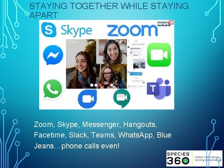 STAYING TOGETHER WHILE STAYING APART Zoom, Skype, Messenger, Hangouts, Facetime, Slack, Teams, Whats. App,