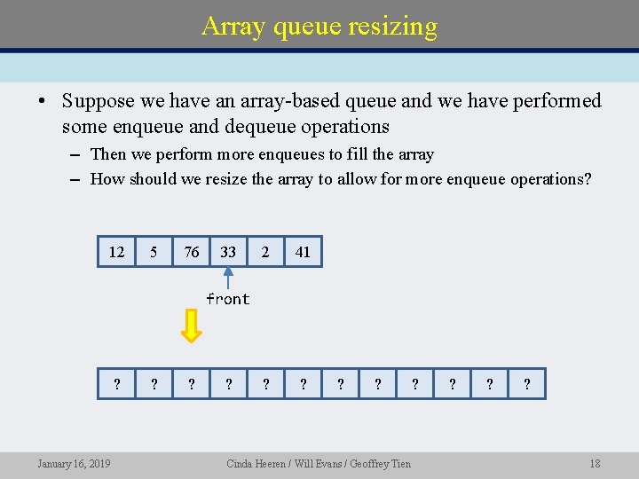 Array queue resizing • Suppose we have an array-based queue and we have performed