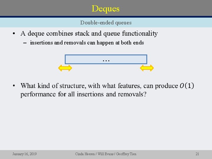 Deques Double-ended queues • A deque combines stack and queue functionality – insertions and