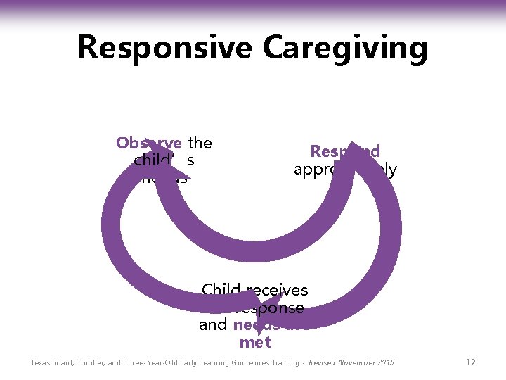 Responsive Caregiving Observe the child’s needs Respond appropriately Child receives the response and needs