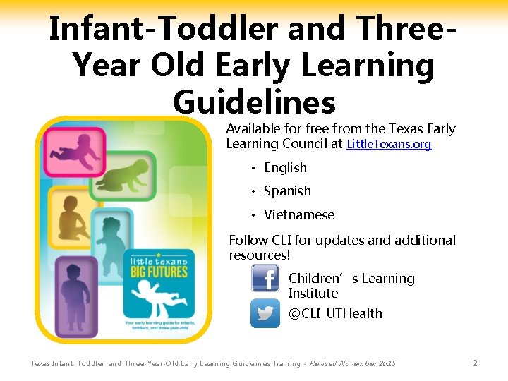 Infant-Toddler and Three. Year Old Early Learning Guidelines Available for free from the Texas