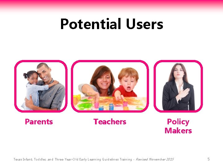 Potential Users Parents Teachers Policy Makers Texas Infant, Toddler, and Three-Year-Old Early Learning Guidelines