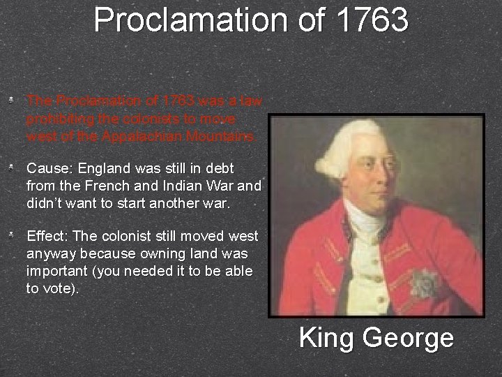 Proclamation of 1763 The Proclamation of 1763 was a law prohibiting the colonists to