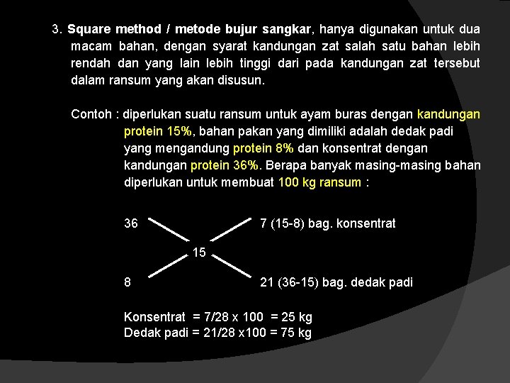 3. Square method / metode bujur sangkar, hanya digunakan untuk dua macam bahan, dengan