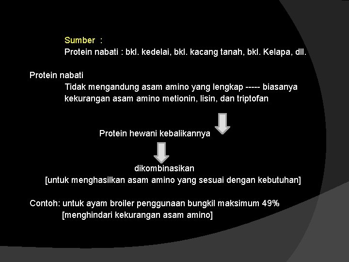 Sumber : Protein nabati : bkl. kedelai, bkl. kacang tanah, bkl. Kelapa, dll. Protein