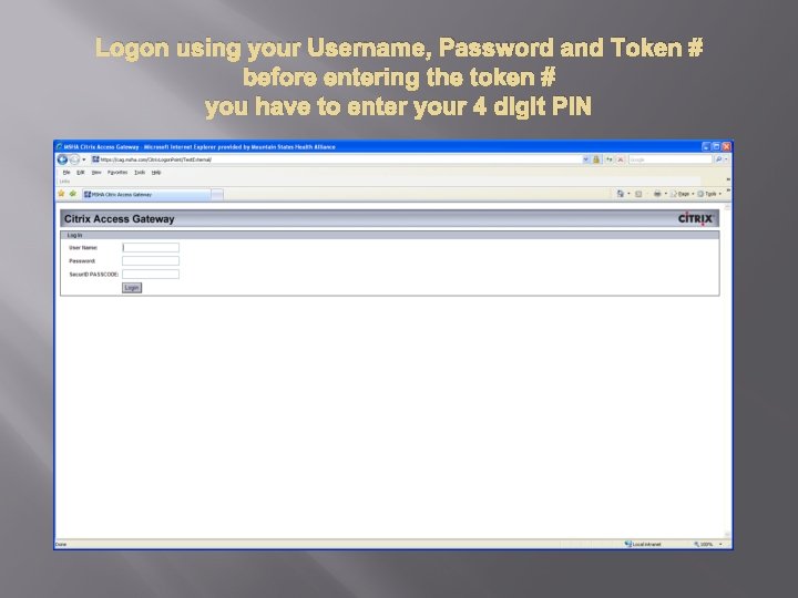 Logon using your Username, Password and Token # before entering the token # you