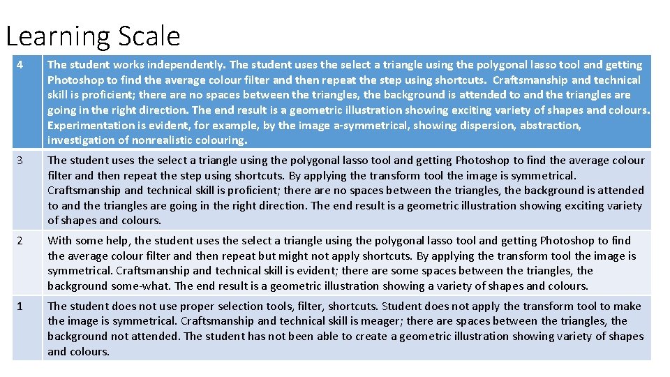 Learning Scale 4 The student works independently. The student uses the select a triangle