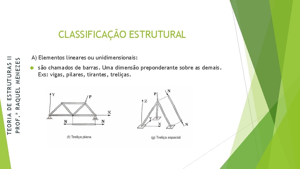 PROF. ª RAQUEL MENEZES TEORIA DE ESTRUTURAS II CLASSIFICAÇÃO ESTRUTURAL A) Elementos lineares ou