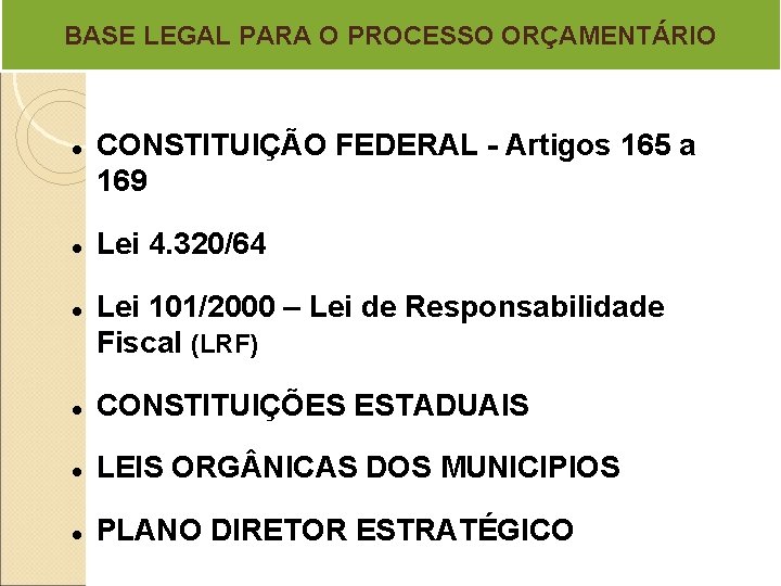 BASE LEGAL PARA O PROCESSO ORÇAMENTÁRIO CONSTITUIÇÃO FEDERAL - Artigos 165 a 169 Lei