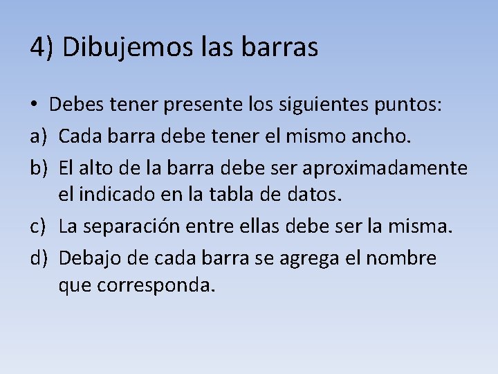 4) Dibujemos las barras • Debes tener presente los siguientes puntos: a) Cada barra