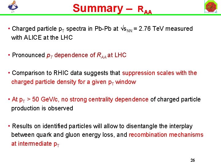 Summary – RAA • Charged particle p. T spectra in Pb-Pb at √s. NN