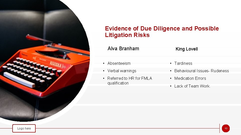 Evidence of Due Diligence and Possible Litigation Risks Alva Branham Logo here King Lovell