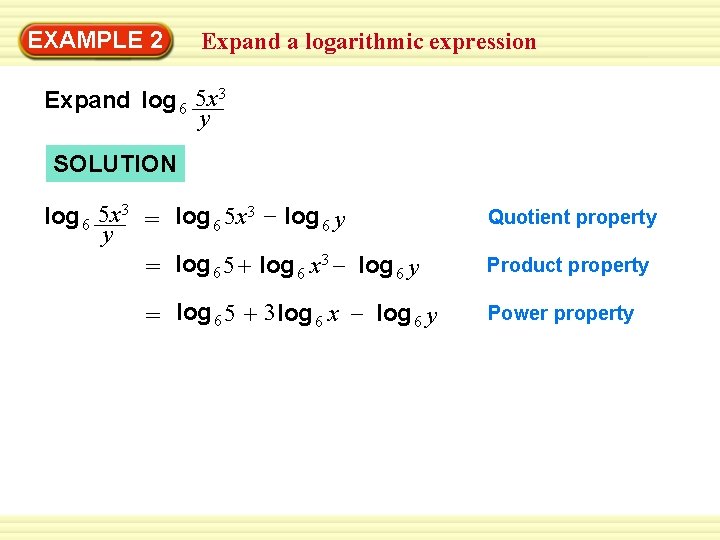 Warm-Up 2 Exercises EXAMPLE Expand a logarithmic expression Expand log 6 5 x 3