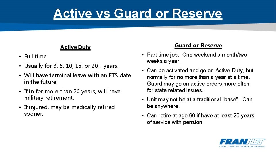 Active vs Guard or Reserve Active Duty • Full time • Usually for 3,