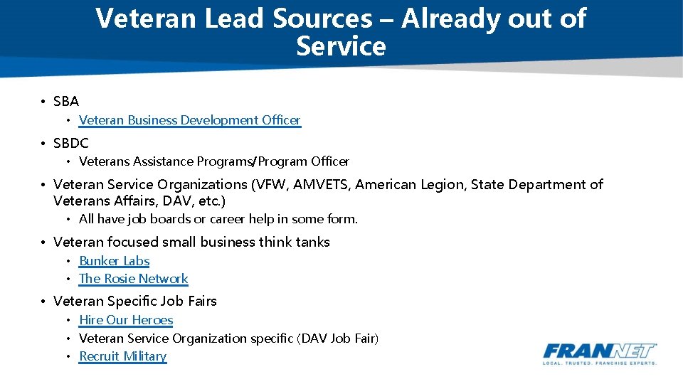 Veteran Lead Sources – Already out of Service • SBA • Veteran Business Development