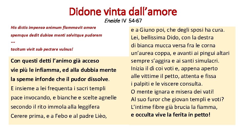 Didone vinta dall’amore Eneide IV 54 -67 His dictis impenso animum flammavit amore spemque